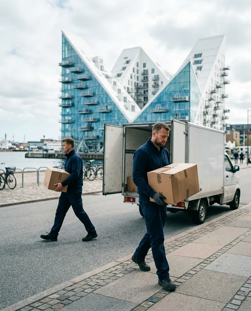 Flyttefolk bærer flyttekasser ud af flyttebil ved Isbjerget på Aarhus Ø